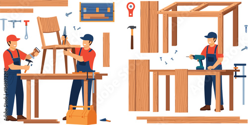 Carpentry Workshop Scene with Workers Assembling Furniture and Wooden Construction Process Vector Illustration