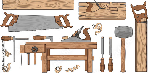 Woodworking Tools and Workbench Set with Hand Saw, Chisel, Plane and Carpentry Equipment Vector Illustration