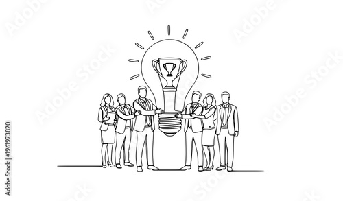 Continuous one line business team holding light bulb with trophy filament symbolizing success teamwork and innovation concept vector