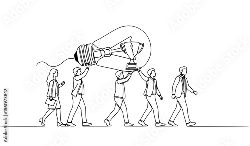 Continuous line business team walking with light bulb and trophy filament symbolizing progress leadership and winning mindset vector