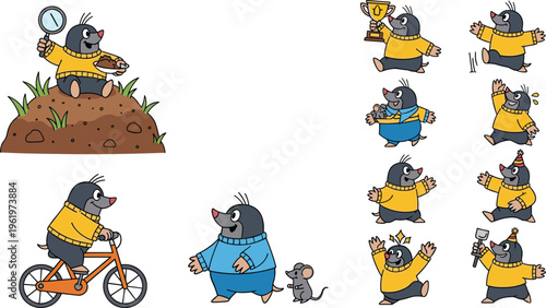 Cute mole cartoon characters set with funny animals digging, celebrating, riding bike and holding objects vector illustration collection