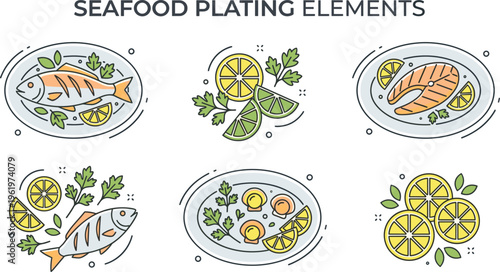 Seafood Plating Elements Icon Set with Fish Salmon Lemon and Herbs in Line Style for Restaurant Menu, Food App, and Culinary Design Use