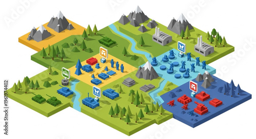Isometric War Game Map Illustration with Tanks and Factories.