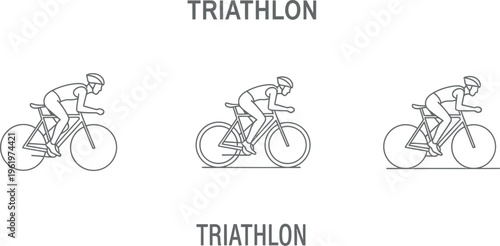 A striking collection of three identical minimalist line art illustrations showcasing a triathlete in action, riding a bicycle and embodying the dynamic cycling segment of a triathlon event.