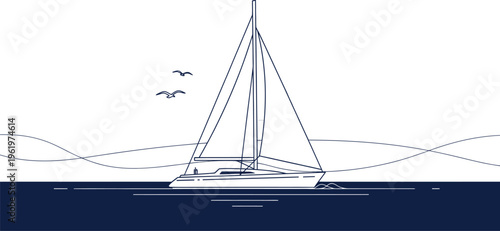 Minimalist vector illustration of a sleek sailboat with billowing sails gracefully gliding across serene deep blue waters under a clear sky, featuring elegant lines and a peaceful nautical aesthetic.