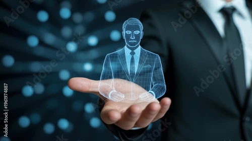 Hand presenting digital concierge hologram virtual hotel assistant 4K 