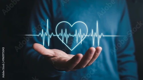 Hand presenting ECG sensor hologram heart rhythm analytics 4K 