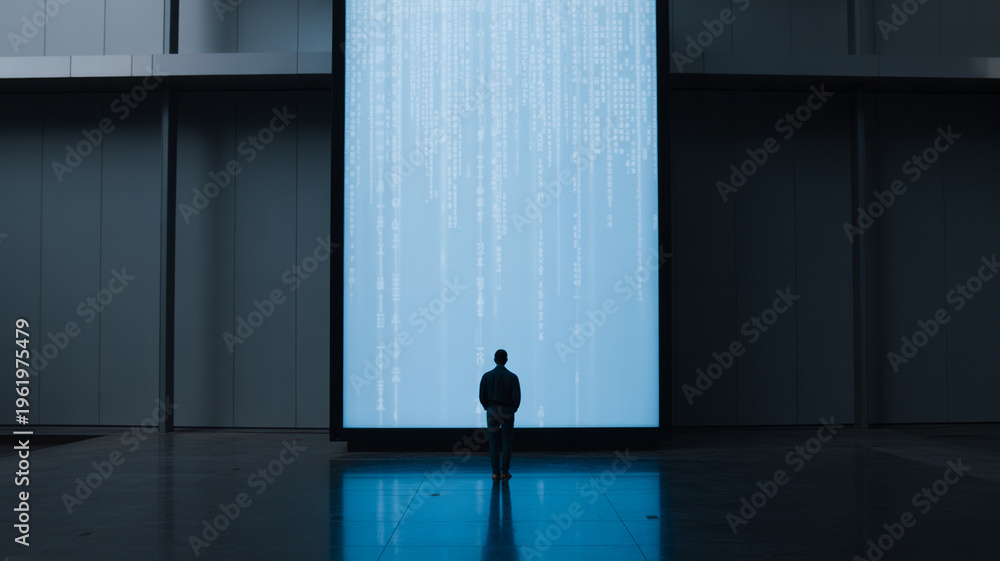 Fototapeta premium Person standing before large digital screen with data flow. Technology, artificial intelligence, big data, cybersecurity and future innovation concept.