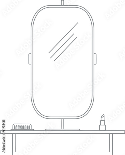 A minimalist line art illustration featuring a classic dressing table with a stylish standing mirror, a comb, and a vibrant lipstick, perfect for beauty and personal care concepts and graphic design.