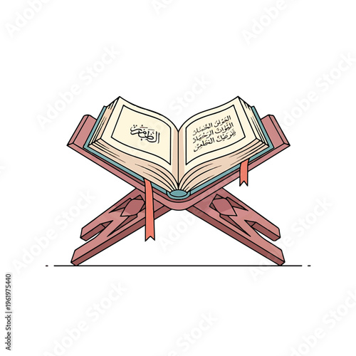 Open Quran Book on Wooden Stand.
