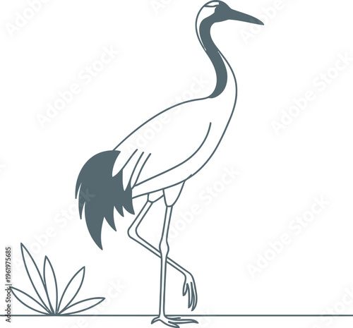 Elegant red-crowned crane illustration featuring a minimalist artistic flair, standing gracefully on one leg amidst abstract pastel shapes, embodying serene nature and traditional asian symbolism.