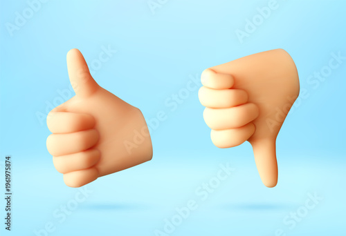 3d cartoon hands showing thumbs up and thumbs down gesture. Like and dislike symbols. Digital feedback icons for social media, review, evaluation and customer satisfaction. Vector illustration