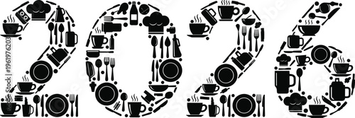 Year, 2026, text, made, of, kitchen, utensils, food, icons, for, restaurant, cafe, menu, catering, black, vector, illustration, isolated, white, background.