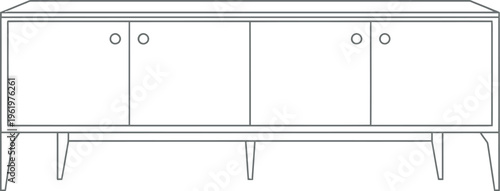 A simple elegant outline illustration of a modern minimalist sideboard with multiple doors and sleek legs, perfect for contemporary interior design concepts and storage solutions in homes or offices.