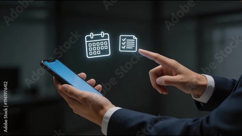 Businessman selecting digital calendar interface with checklist, task management, schedule planning, productivity workflow. Concept of time management, business organization, project planning.