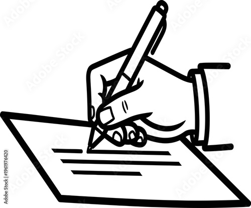 A hand signing a document with a pen