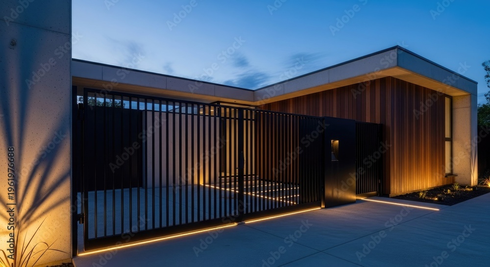 Fototapeta premium Modern home exterior at dusk illuminated entrance and architectural design