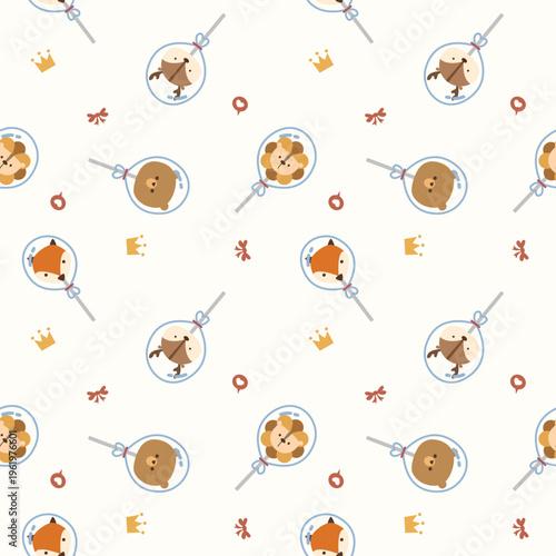 Lollipop head animal cartoon so cute. On fox bear deer lion heart crown bow background. Pattern seamless vector illustration. 