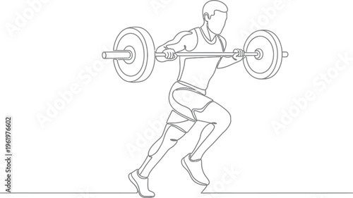 Continuous line drawing illustration of a strong man engaging in weightlifting exercise with a heavy barbell, showcasing fitness and a healthy lifestyle through modern minimalist single stroke art.