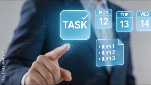 Businessman selecting digital calendar interface with checklist, task management, schedule planning, productivity workflow. Concept of time management, business organization, project planning.