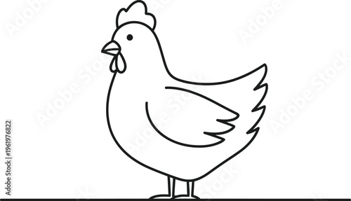 A charming and minimalist line art illustration features a simple domestic farm hen or chicken standing gracefully on a subtle ground line, perfect for clean design projects and animal themes.