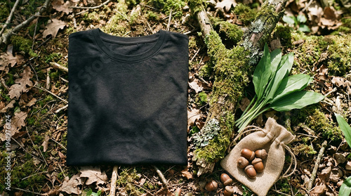 Black t-shirt for mockup folded on rustic autumn wood table with mossy branch and acorn sack