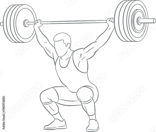 A strong athlete performing a classic weightlifting snatch overhead squat, demonstrating immense power and dedication in a competitive gym setting or training session for a healthy lifestyle.