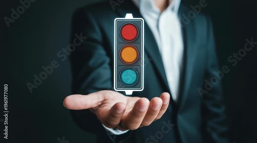 Hand presenting smart traffic light hologram intelligent signal control 4K 