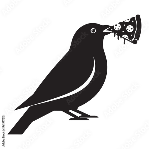 Funny Black Bird Silhouette Holding a Pizza Slice for T-Shirt and Apparel Design with Playful and Eye-Catching Graphics