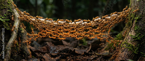 Army ants forming a living bridge in tropical rainforest