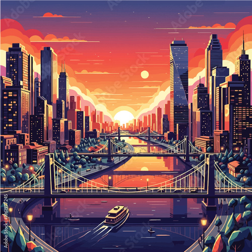 Cityscape with Suspension Bridge at Sunset.