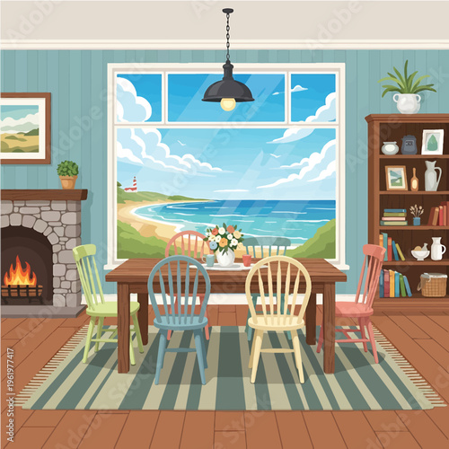 Cozy Dining Room with Ocean View Illustration.