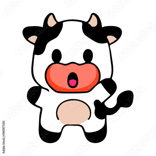 A cute cartoon cow character with a surprised expression on its face
