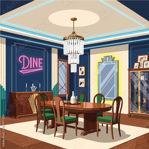 Luxurious Dining Room with Chandelier and Neon Sign.