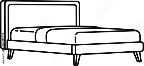 Minimalist black and white line art drawing illustration depicting a comfortable modern bed with a sleek headboard and mattress, ideal for bedroom furniture and restful sleep concepts.