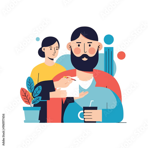Man Drinking Coffee with Woman Nearby.