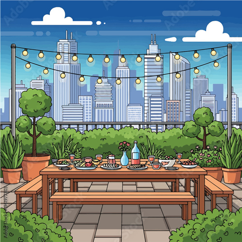 Outdoor Dining Table with Decorations and City View.
