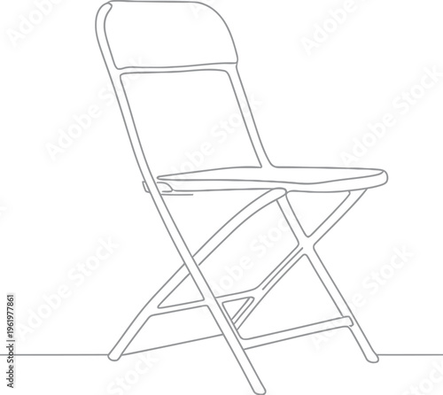 A beautifully rendered single continuous line drawing of a classic portable folding chair, emphasizing its minimalist structure and functional design on an isolated white background.