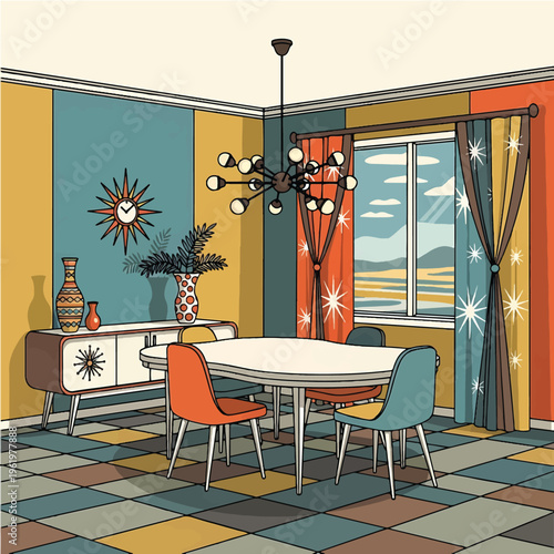 Retro Dining Room with Modern Furniture.