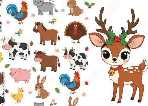 Cute farm animals seamless pattern with cows pigs horses and chickens alongside a large festive reindeer character with holly antlers and golden bell.