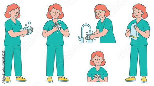 Doctor Healthcare Medical Professional Illustrates Essential Hand Washing Steps for Clinical Safety and Hygiene