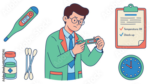 Doctor Healthcare Medical Professional Clinical illustration showing a physician conducting a health check-up with various medical tools for patient wellness