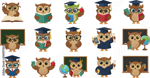Cute owl teacher characters set with books, graduation hats and classroom elements, cartoon education mascots collection for school design, kids illustration and learning
