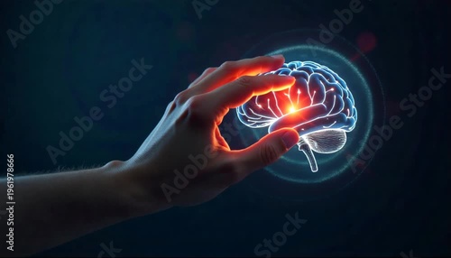 Hand pressing a glowing AI robotic brain symbol 