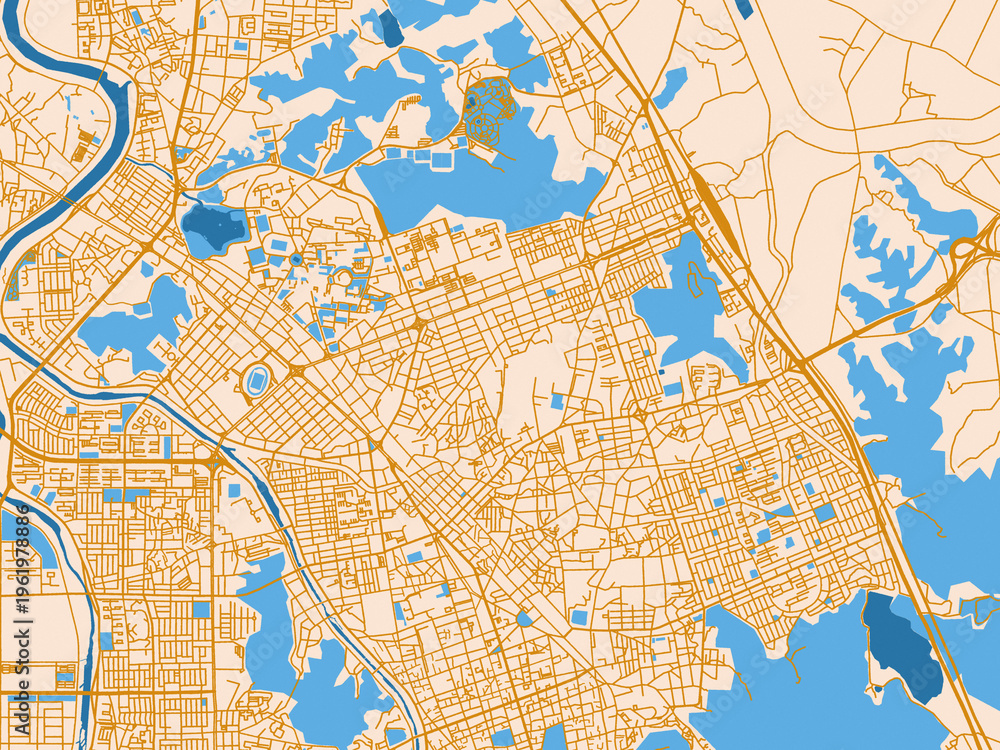 Naklejka premium City map of Wanju, Republic of Korea — warm cream background with golden road lines and bright blue water in a clean flat cartographic style