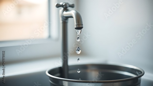 globule. Water tap left open with droplets falling into an overflowing metal bucket. ESG reports, sustainability campaigns, designed for sustainability communications and ESG reporting.