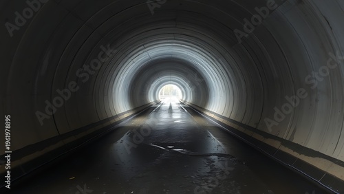 undernourishment. A concrete drainage pipe under a road, wet interior with dripping water, tunnel perspective. real-estate listings.