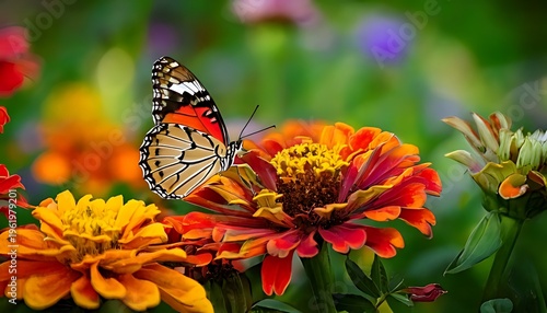 A vibrant butterfly rests on a multi-colored flower in a lush garden, showcasing nature's beauty with depth of field