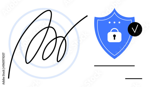 Digital signature with a secure lock and shield. Digital signature ensuring secure transactions, verifying authenticity, and safeguarding personal data. Perfect for cybersecurity, business, fintech