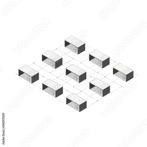 Abstract grid of nine rectangular blocks in isometric view.